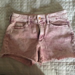 Pink acid wash denim shorts